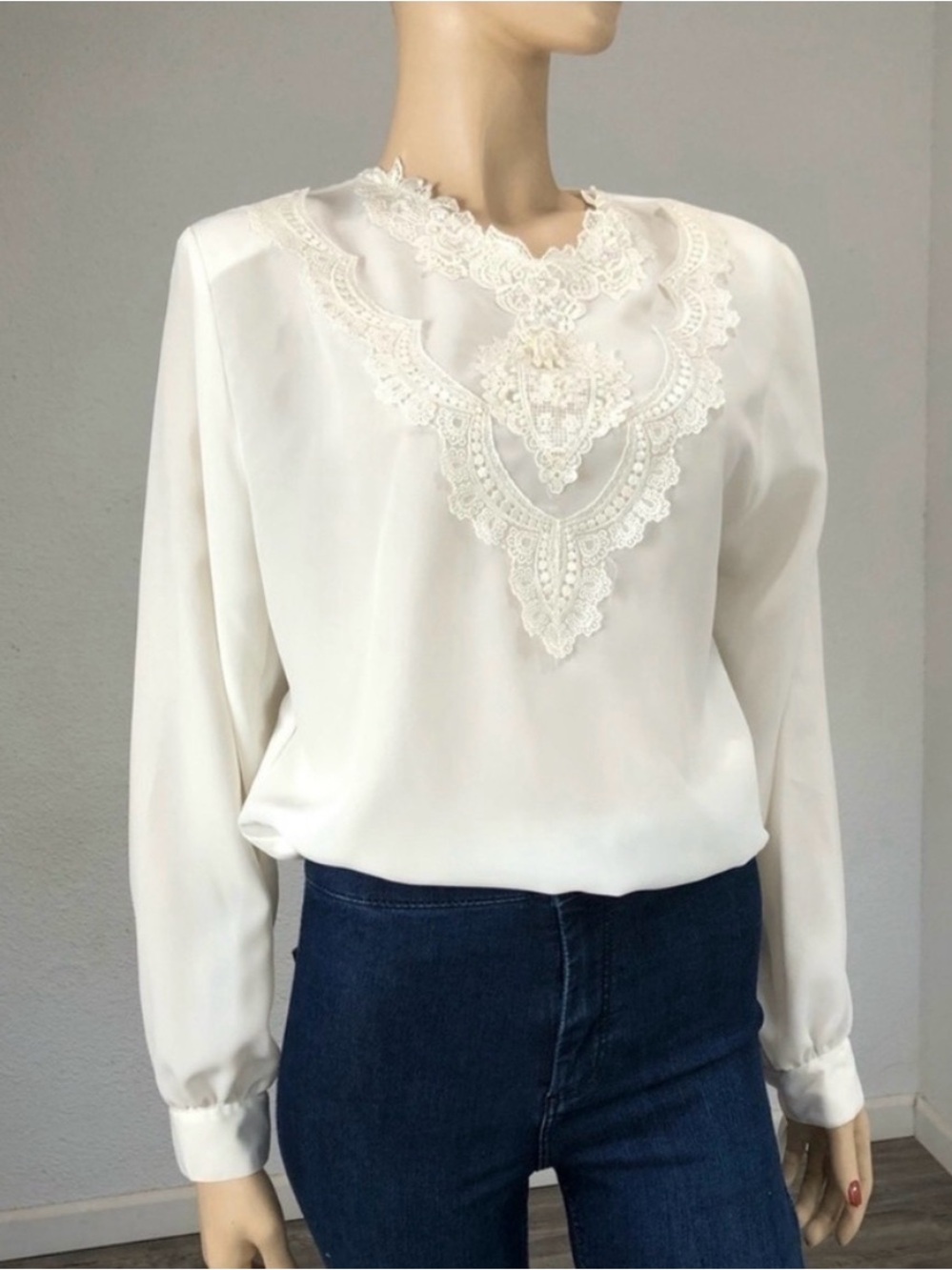 Kathy Che Delicate Ivory Lace Yoke Long-Sleeve Blouse